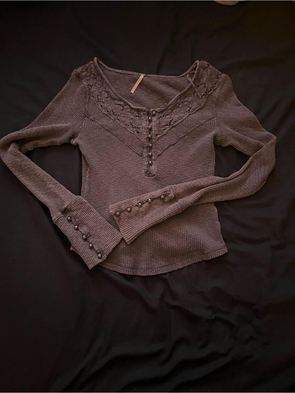 Free People Lace-Trim Ribbed Henley Long Sleeve Top - Grey - Picture 3 of 4